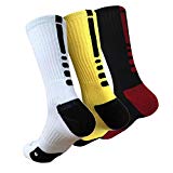 MUMUBREAL Mens Mixed Color Cushioned Dri-Fit Athletic Crew Socks, One Size, White Yellow Black