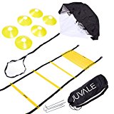 Speed and Agility Training Set - Includes Agility Ladder, 6 Disc Cones, Resistance Parachute, 4 Steel Stakes and a Drawstring Bag - For Speed, Coordination, Footwork, Explosiveness, Black, Yellow
