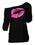 Smile fish Women Casual Oversized Sexy Lips Print Off Shoulder T-Shirt (2XL, Black-Rose)