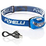 Foxelli USB Rechargeable Headlamp Flashlight - 160 Lumen, up to 30 Hours of Constant Light on a Single Charge, Super Bright White Led + Red Light, Compact, Easy to Use, Headlight for Camping & Running