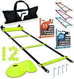 Pro Agility Ladder and Cones - 15 ft Fixed-Rung Speed Ladder with 12 Disc Cones for Soccer, Football, Sports Training - Includes Heavy Duty Carry Bag, 4 Metal Stakes, 2 Agility Drills eBooks (Yellow)