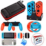 Accessories Kit for Nintendo Switch Games Starter Wheel Grip Caps Carrying Case Screen Protector Controller Charger (17 In 1)