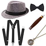BABEYOND 1920s Mens Gatsby Costume Accessories Set 30s Panama Hat Elastic Y-Back Suspender Pre Tied Bow Tie Pocket Watch and Plastic Cigar (Gray Set